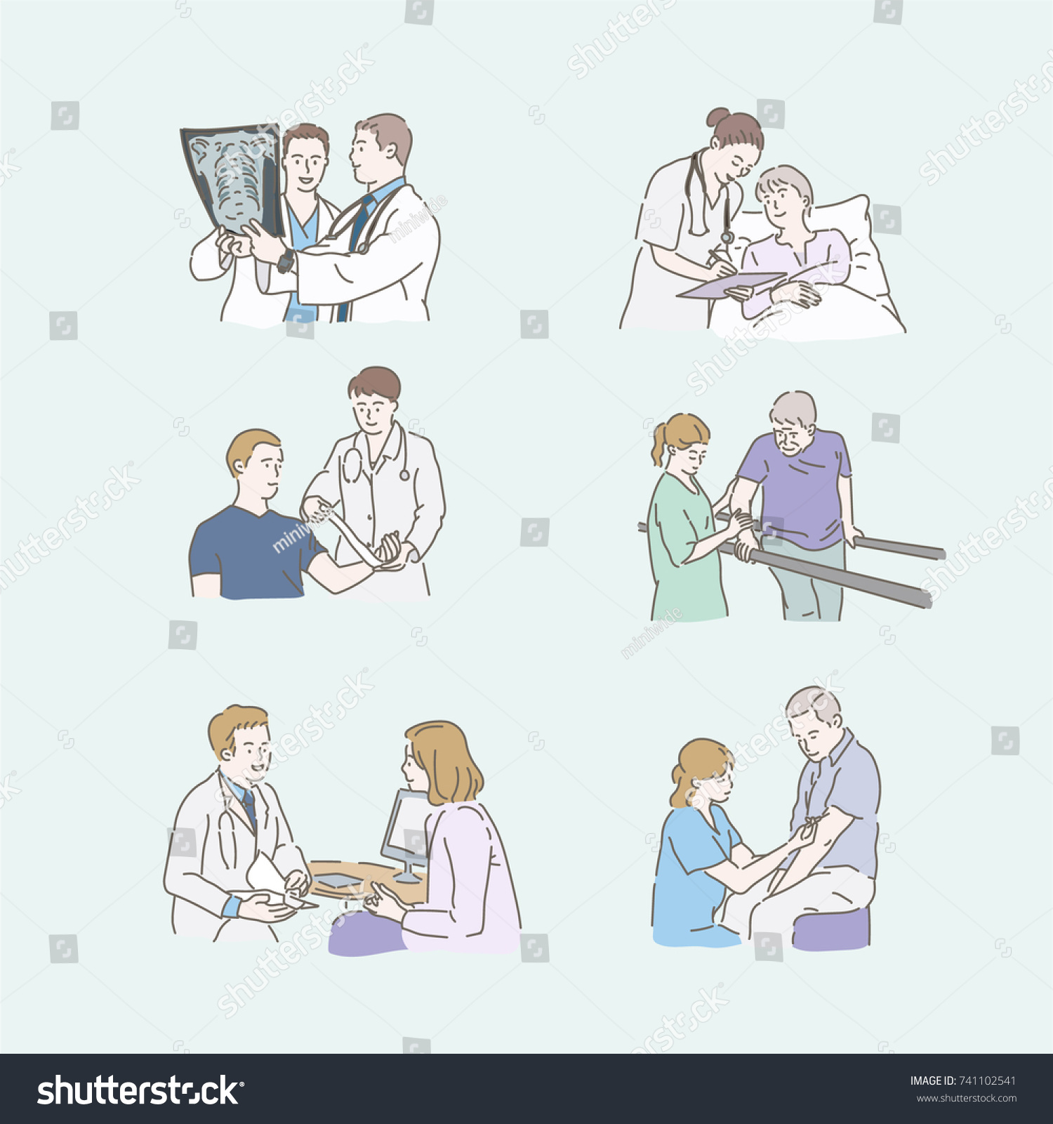 病院の人々の医師と看護師が患者を助ける 手描きのリアルなイラスト ベクター画像落書きデザイン のベクター画像素材 ロイヤリティフリー