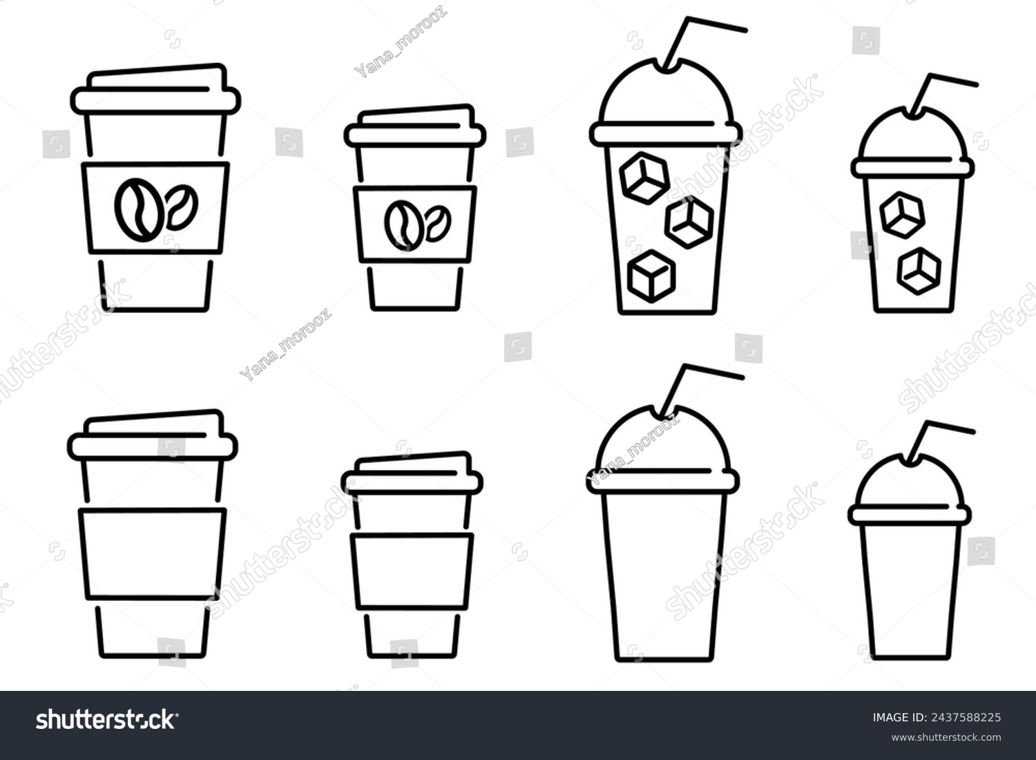 SVG of Hot and cold drinks icon set. Paper coffee cup different size sign. Disposable plastic cup with straw for iced coffee symbol. svg
