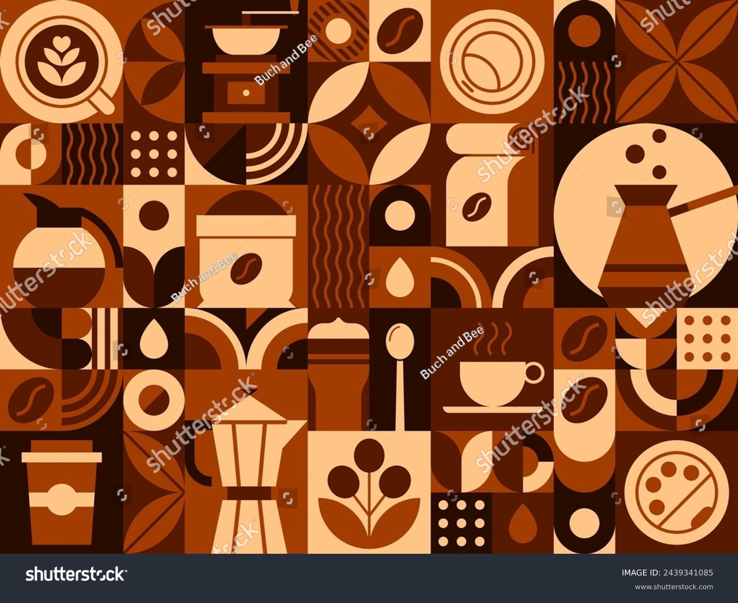 SVG of Hot coffee drink abstract geometric pattern. Geometrical shape composition, retro vector background or corporate identity abstract pattern with coffee bean, leaf, turkish jezve, takeaway paper cup svg