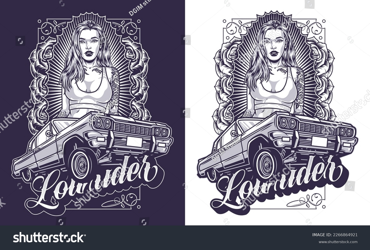 SVG of Hot girl lowrider flyer monochrome with car for show or drivers festival and cocky woman in hipster style vector illustration svg