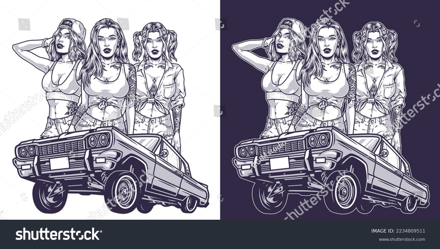 SVG of Hot Girls Lowriders monochrome sticker with retro car and girl friends posing in cocky looks for drivers magazine vector illustration svg