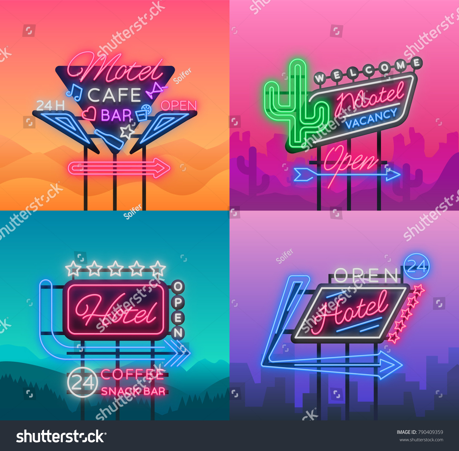 Hotel Motel Collection Neon Signs Vector Stock Vector (Royalty Free