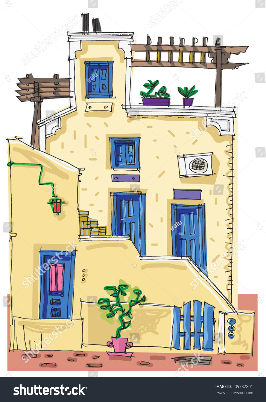 Hotel On Santorini Island Greece Cartoon Stock Vector 209782801 ...