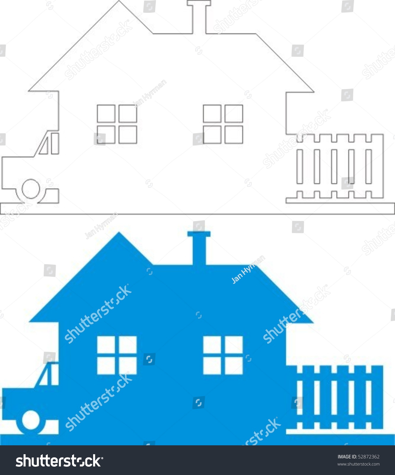 House black and white line drawing and colour clip art illustration