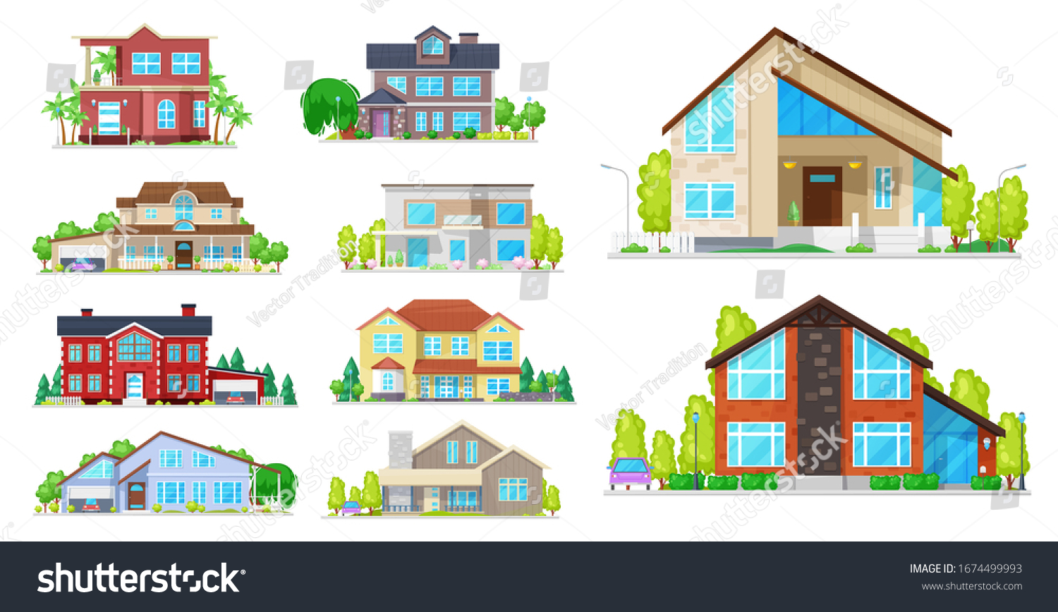 SVG of House building vector icons. Village home, cottage and villa, mansion, bungalow and townhouse, architecture and real estate industry. Exterior of buildings with windows, roofs, doors and garages svg