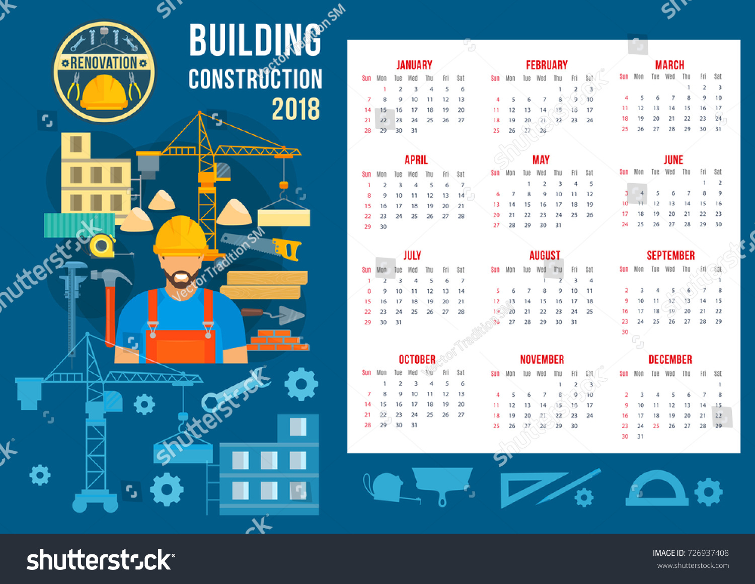 House Construction Home Building 2018 Calendar Stock Vector 726937408
