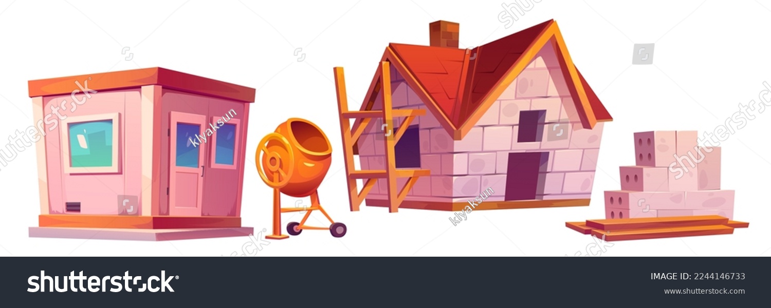 SVG of House construction site design elements set isolated on white background. Cartoon vector illustration of building with roof, door and windows, pile of bricks, workers cottage and concrete mixer svg