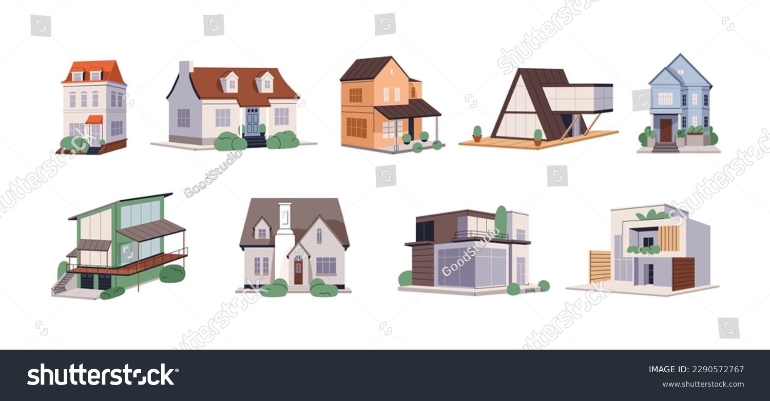 SVG of House exterior architecture. Home buildings facades set. Residential urban, suburban real estate in traditional and contemporary style. Flat graphic vector illustrations isolated on white background svg