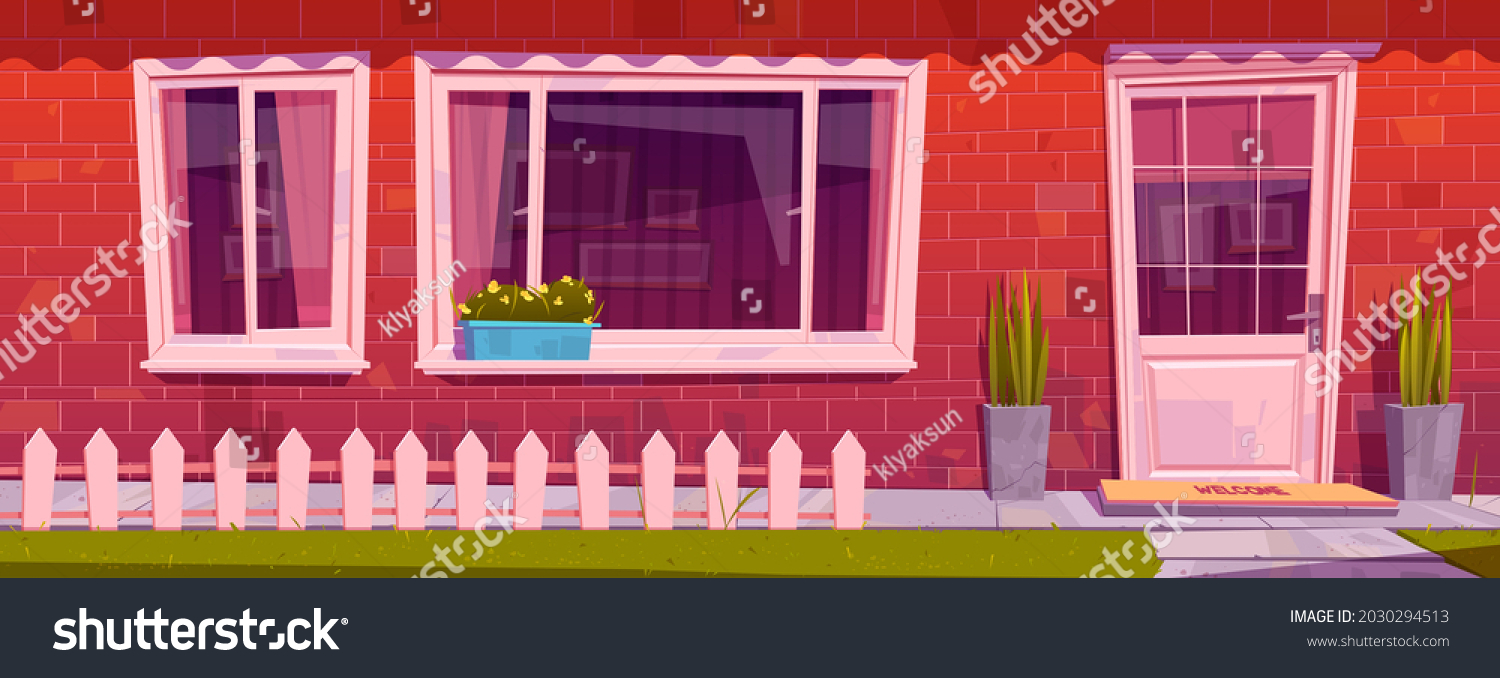 SVG of House facade with red brick wall, window, door and flowers in pots. Vector cartoon illustration of residential building exterior in suburban neighborhood, home entrance with fence and green lawn svg
