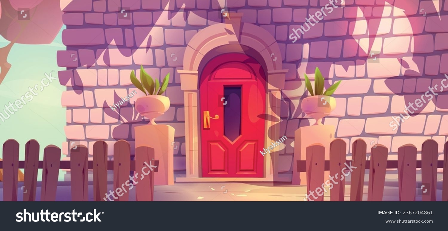 SVG of House front door and wall exterior vector background. Outside brick home building architecture design. Wood fence on street and beautiful closed hotel red entry with handle above day sunlight graphic svg