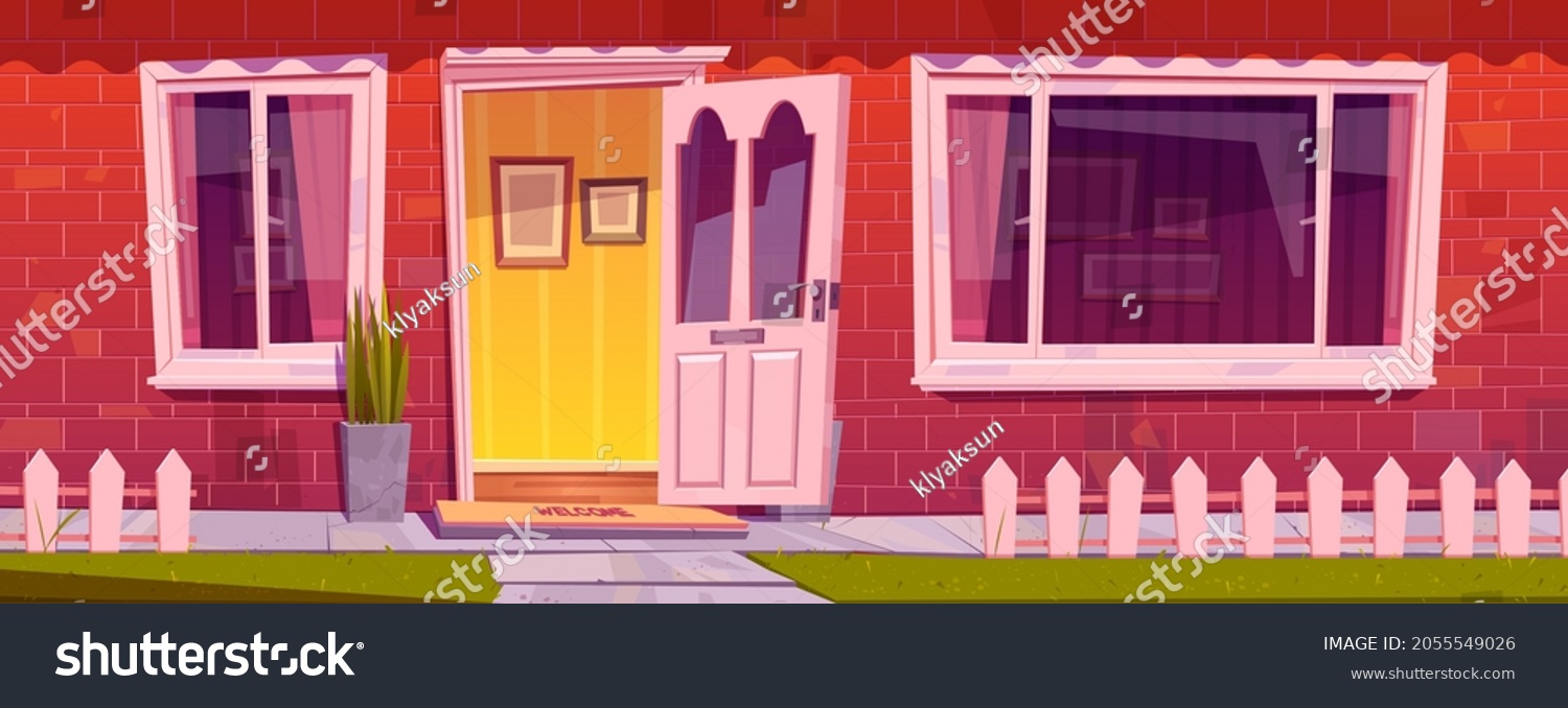 SVG of House front with red brick wall, windows, open door and plants in pot. Vector cartoon illustration of home entrance with white fence and green lawn, residential building facade svg