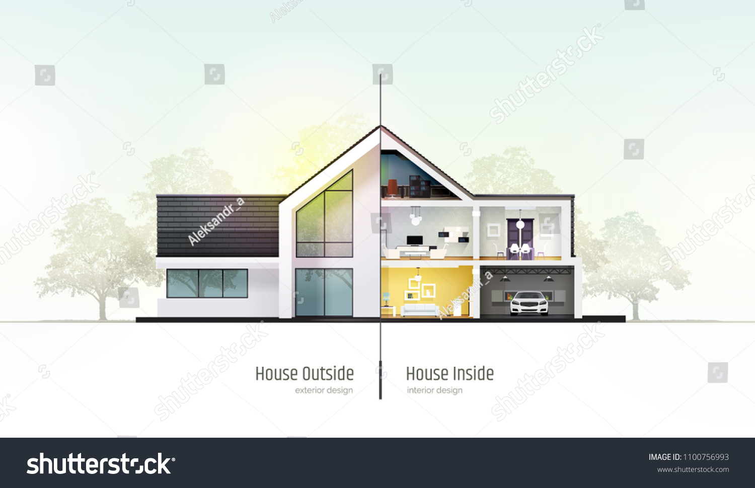 SVG of House in cross-section. Modern house, villa, cottage, townhouse with shadows. Architectural visualization of a three storey cottage inside and outside. Realistic vector illustration. svg