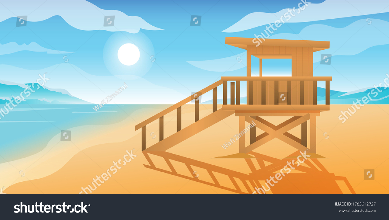 SVG of House Life Guard In Beach With Mountain Background Cartoon Illustration svg