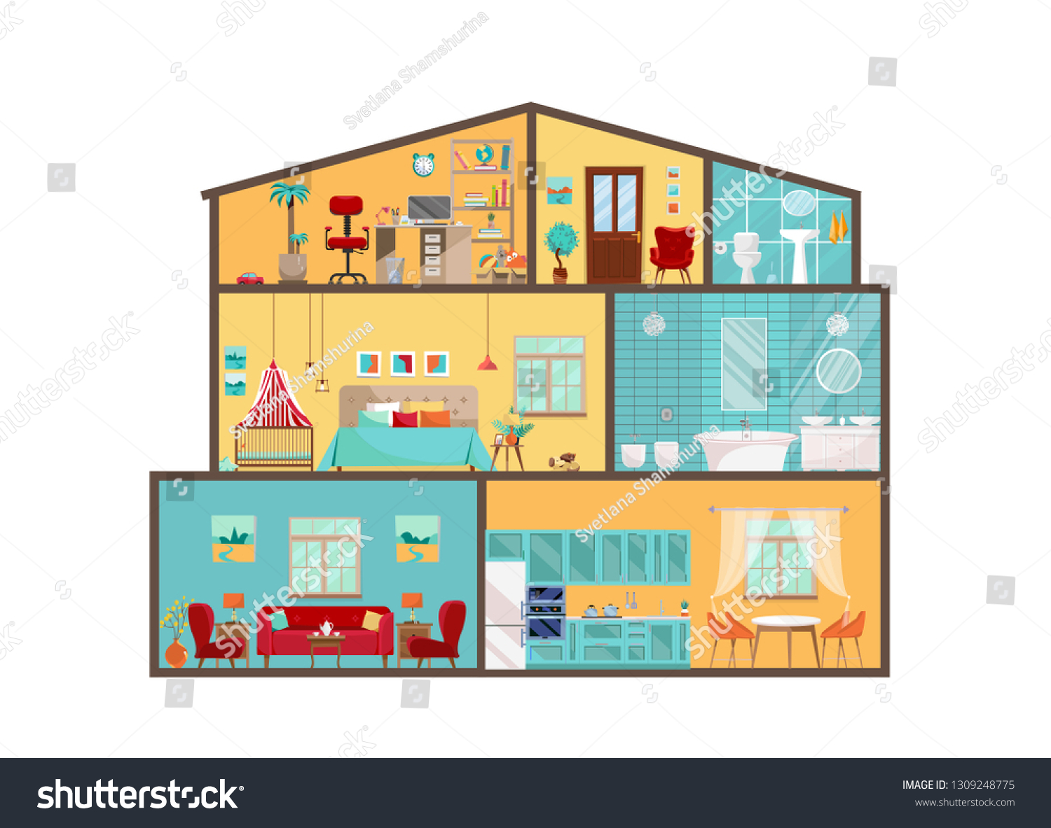 House Model Inside Detailed Interiors Furniture Stock Vector (Royalty ...