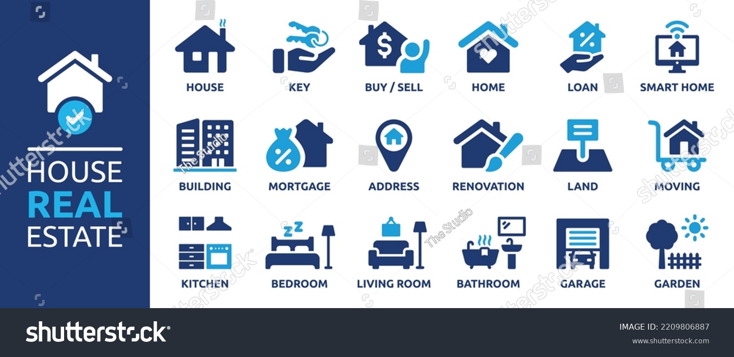 SVG of House or Real estate icon set. Containing house, key, buy, sell, loan, smart home, building, mortgage, address, renovation, land, kitchen, bedroom, living room, bathroom. Solid icon vector collection. svg