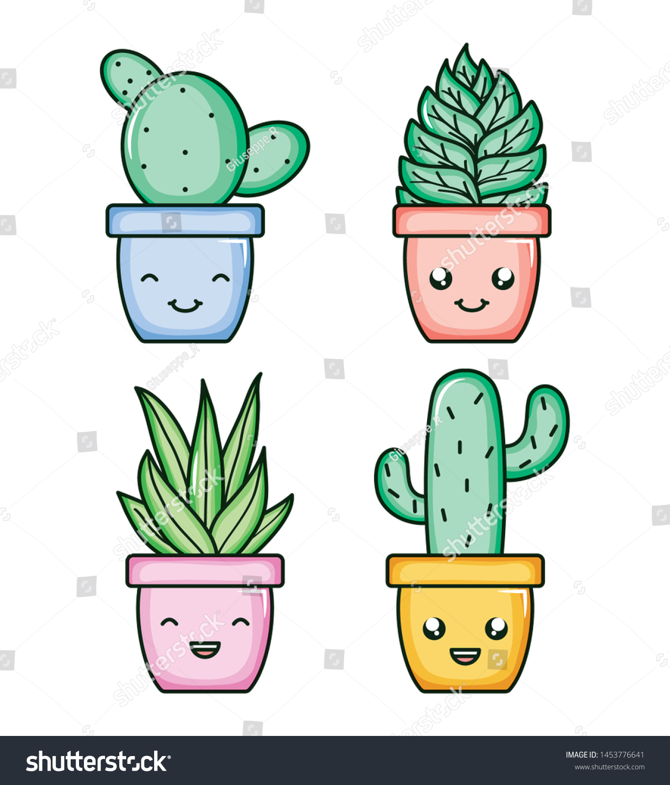 House Plants Cactus Kawaii Comic Characters Stock Vector Royalty Free