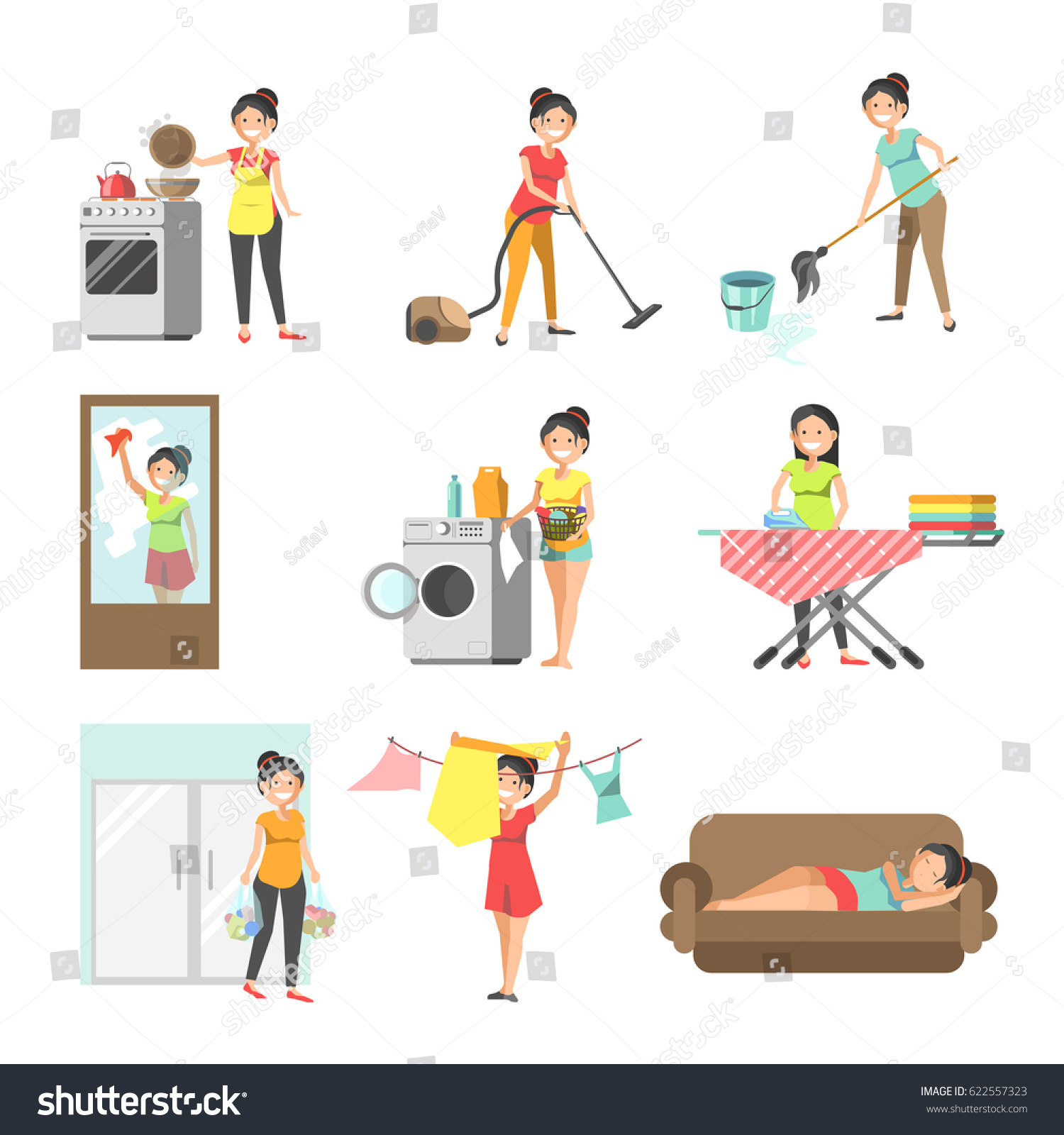 Housewives Work Washing Cleaning Cooking Vector Stock Vector 622557323 ...