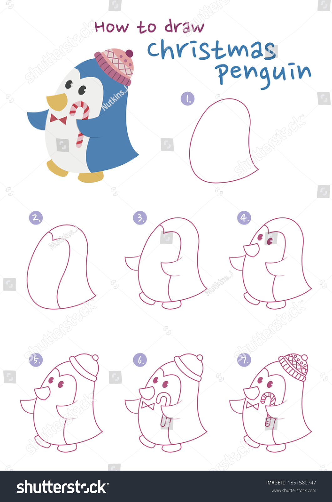 How Draw Christmas Penguin Vector Illustration Stock Vector (Royalty