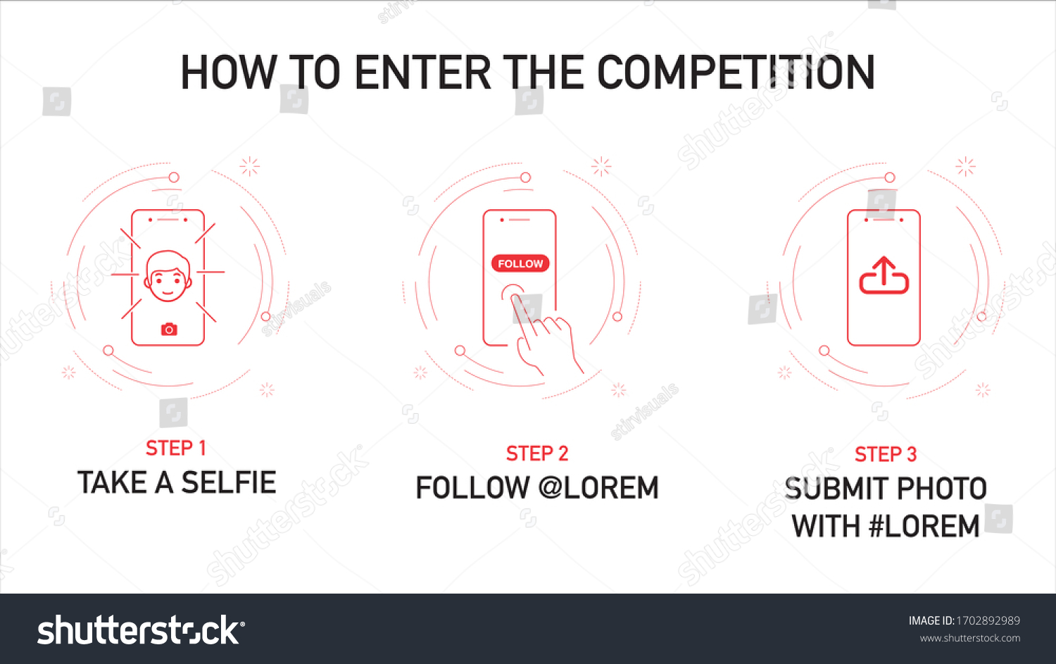 SVG of How to enter the competition steps with icons and vector graphics. Step by steps on how to enter the challenge via mobile - selfie, follow, comment and upload / submit - Vector Illustration svg