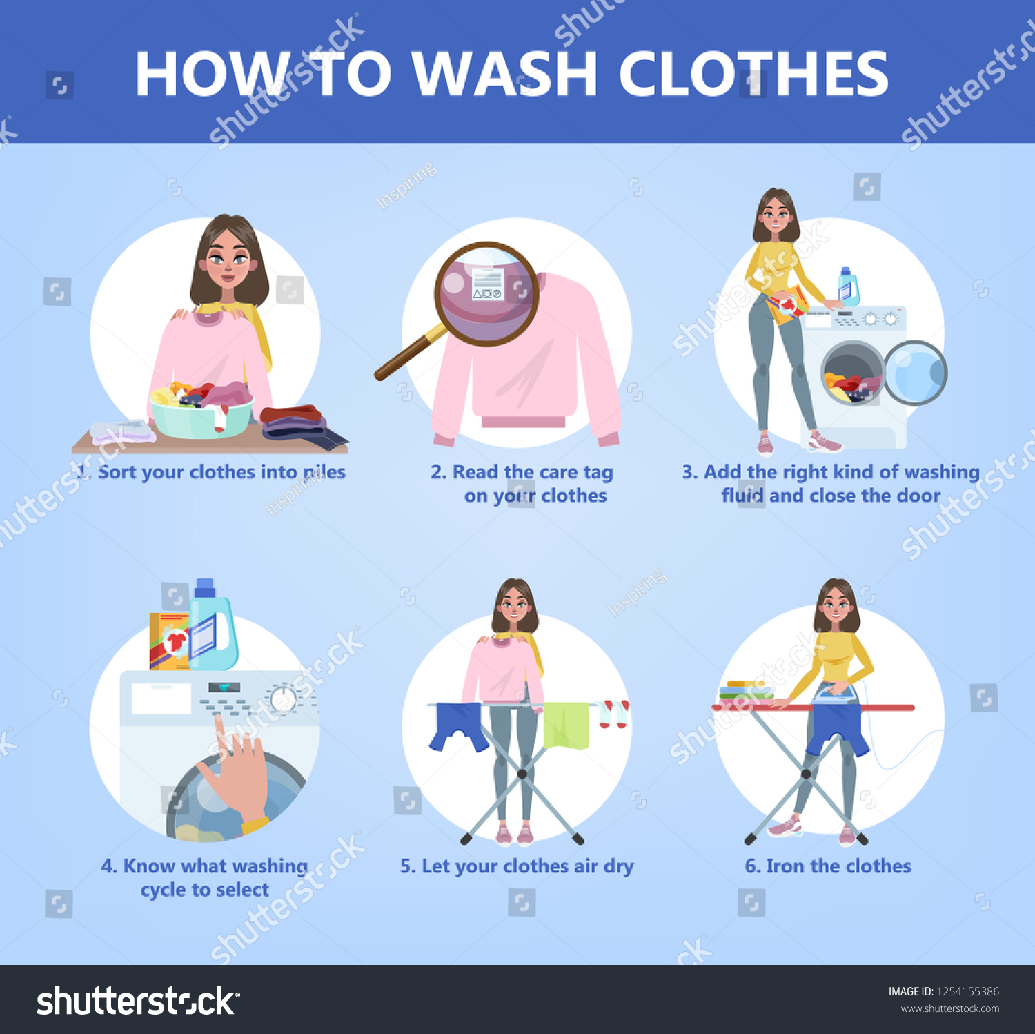 SVG of How to wash clothes by hand step-by-step guide for housewife. Clothing care instruction. Detergent or powder for different type of clothes. Isolated flat vector illustration svg