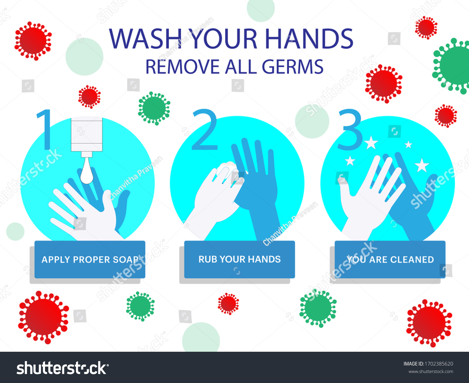 How Wash Hands Properly Remove Germs Stock Vector (Royalty Free) 1702385620