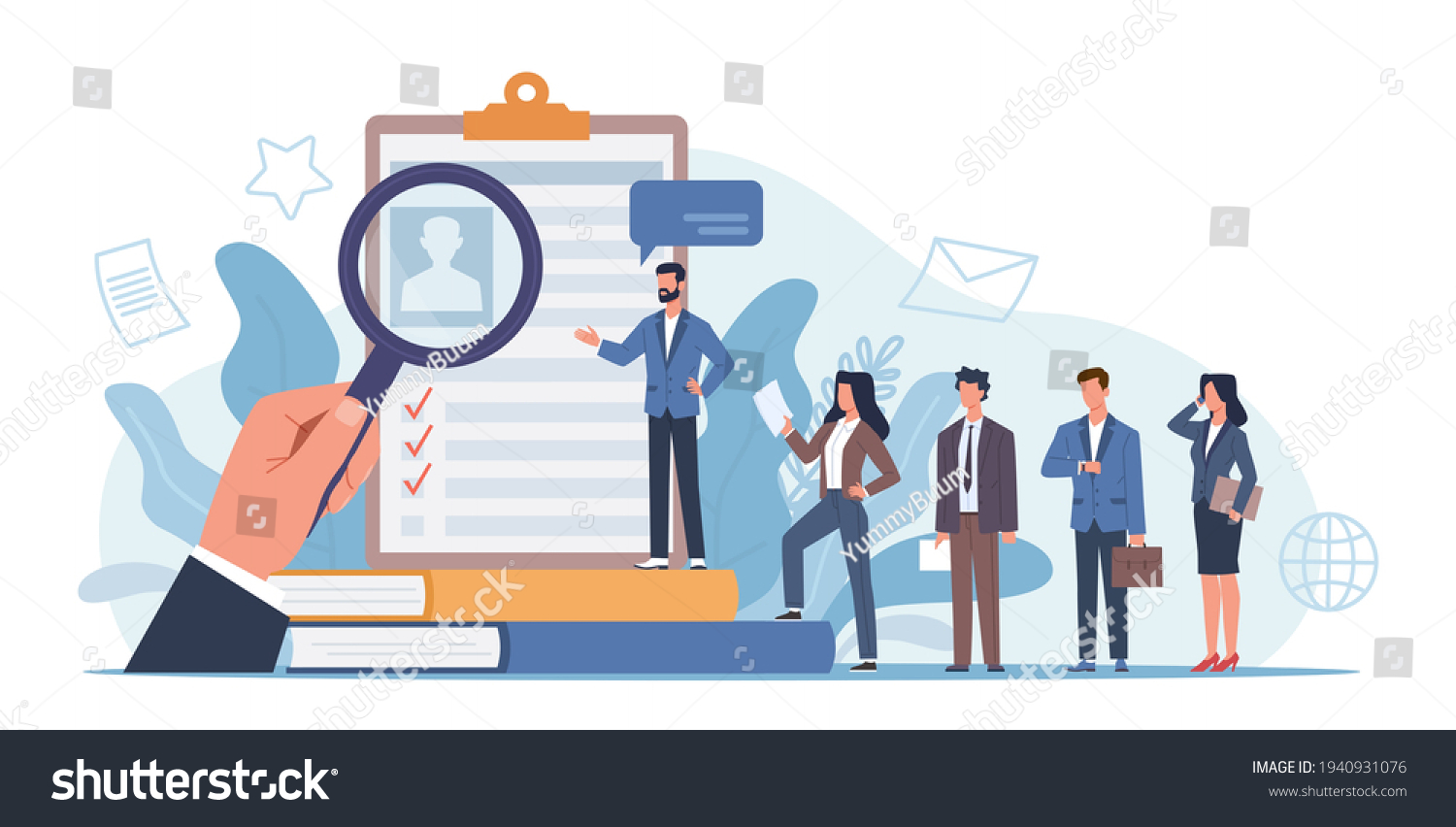 SVG of Hr agency. Applicants queue for consideration, people group of resume background, candidates consideration. Job hiring talents vacancy in company recruiter search employees vector concept svg