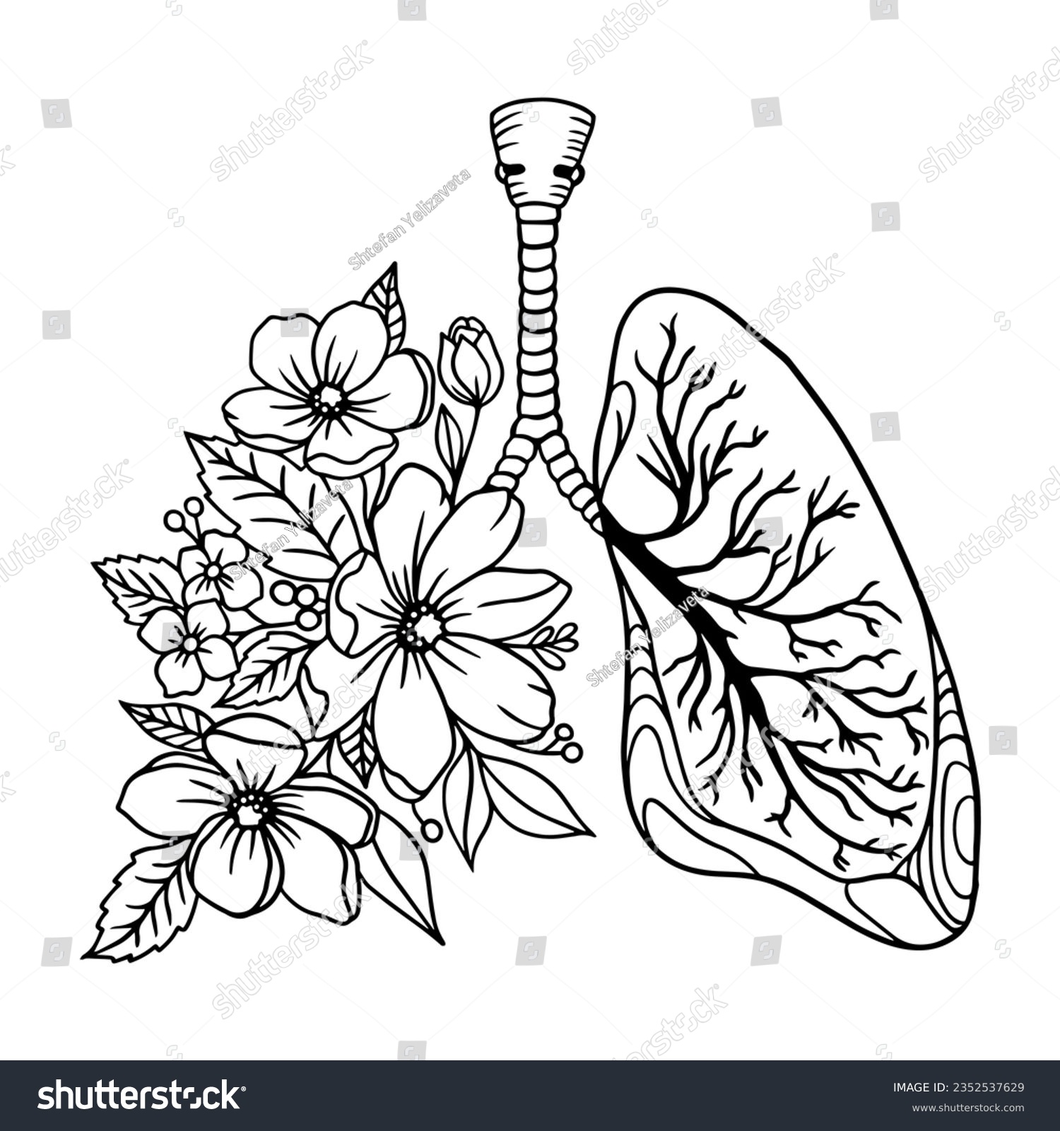SVG of Human lungs with flowers black isolated vector icon. Lung, bronchi, human organ illustration. Floral Lungs. Human Lung. Vector illustration svg
