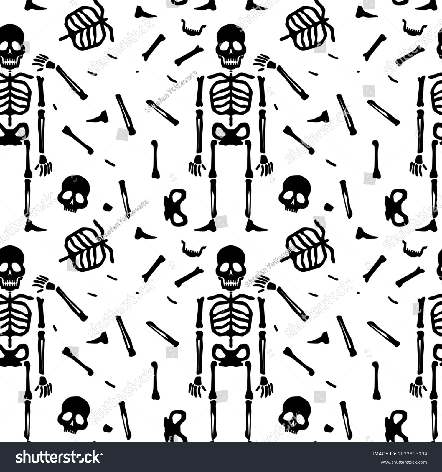 SVG of Human man skeleton anatomy cartoon style. Vector isolated flat illustration of skull and bones.Seamless pattern. Halloween cutting svg file for design svg