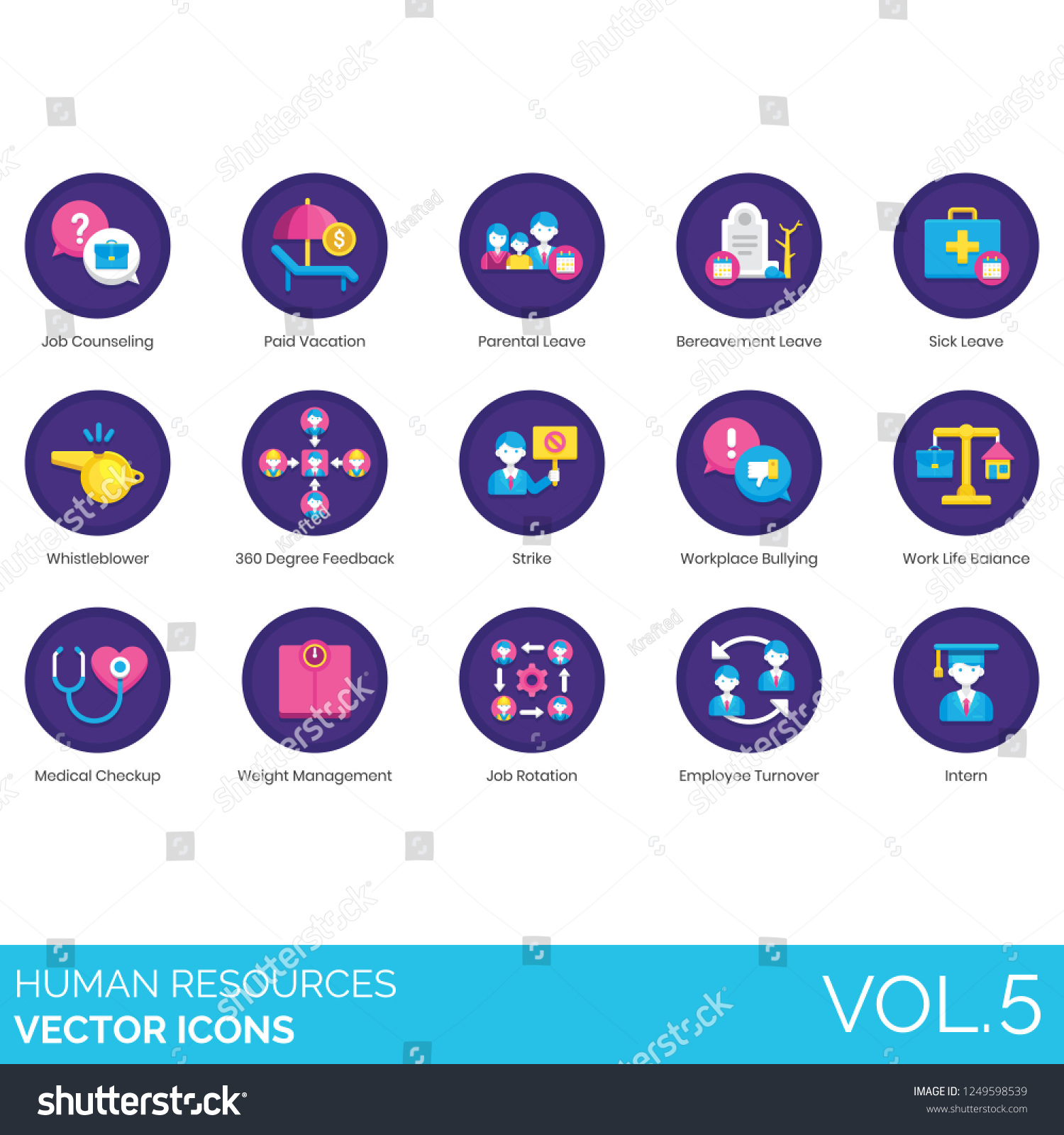 SVG of Human resources icons including counseling, vacation, parental leave, bereavement, sick, whistleblower, feedback, strike, bullying, work life balance, medical checkup, job rotation, turnover, intern. svg