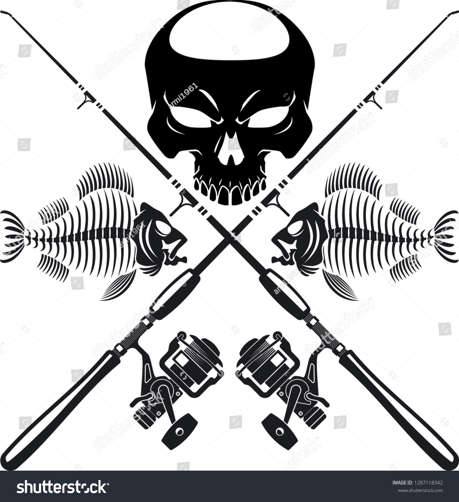 SVG of human skull and fish skeleton with crossing fishing rod and reel svg