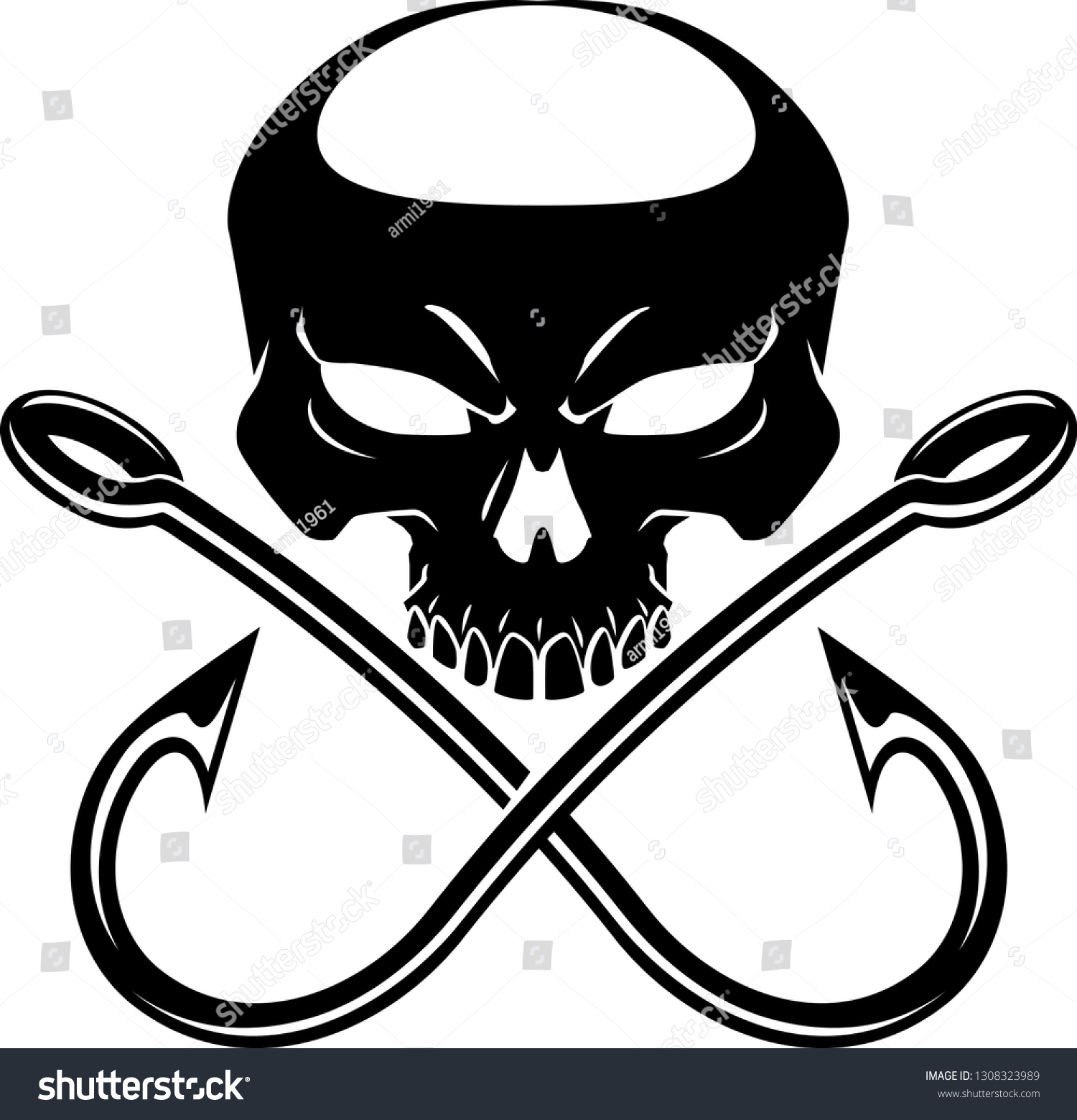 SVG of human skull with crossing fishing hooks svg