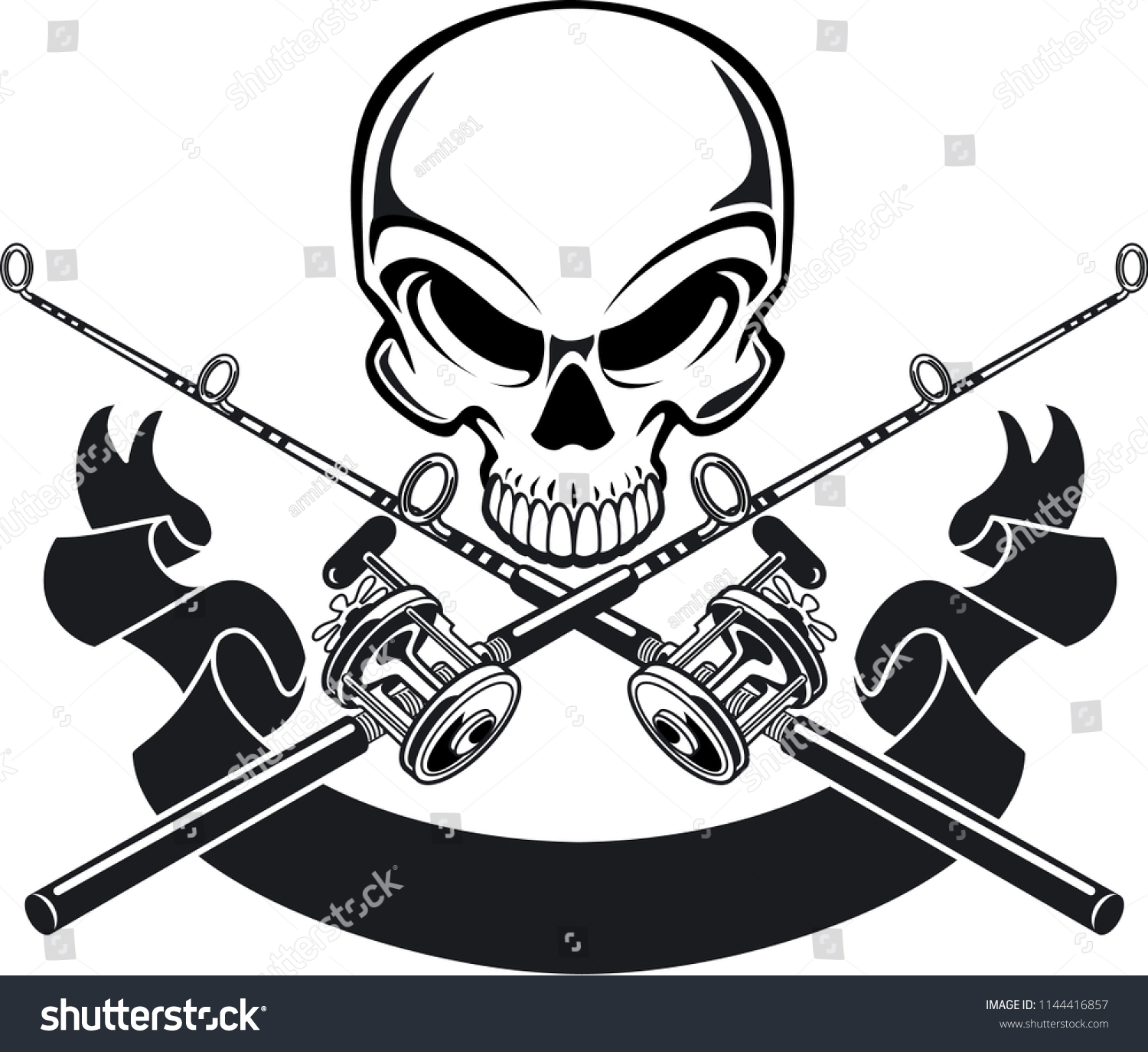 SVG of human skull with crossing fishing rod and reel svg