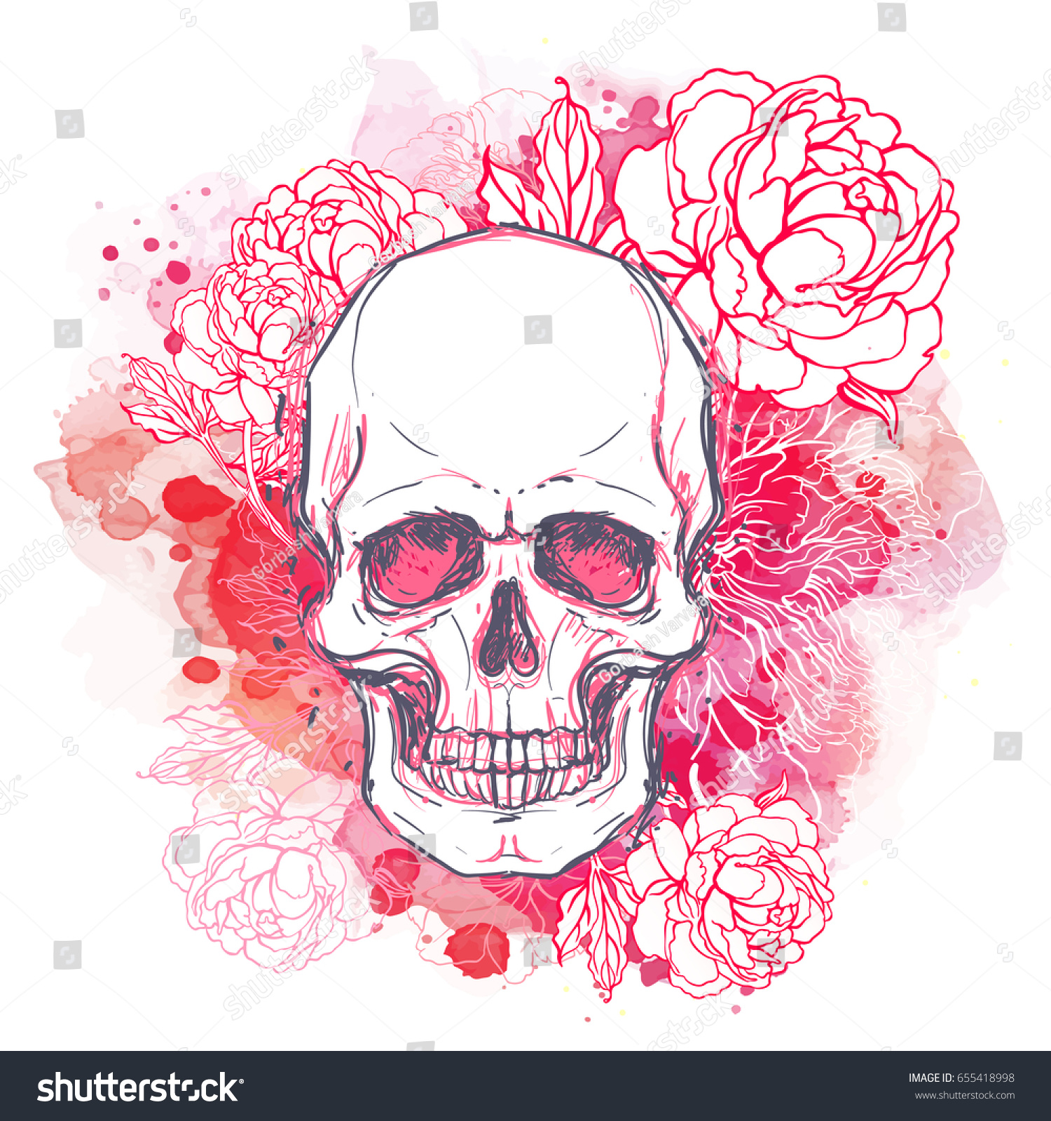 Human Skull Peony Rose Poppy Flowers Stock Vector ...