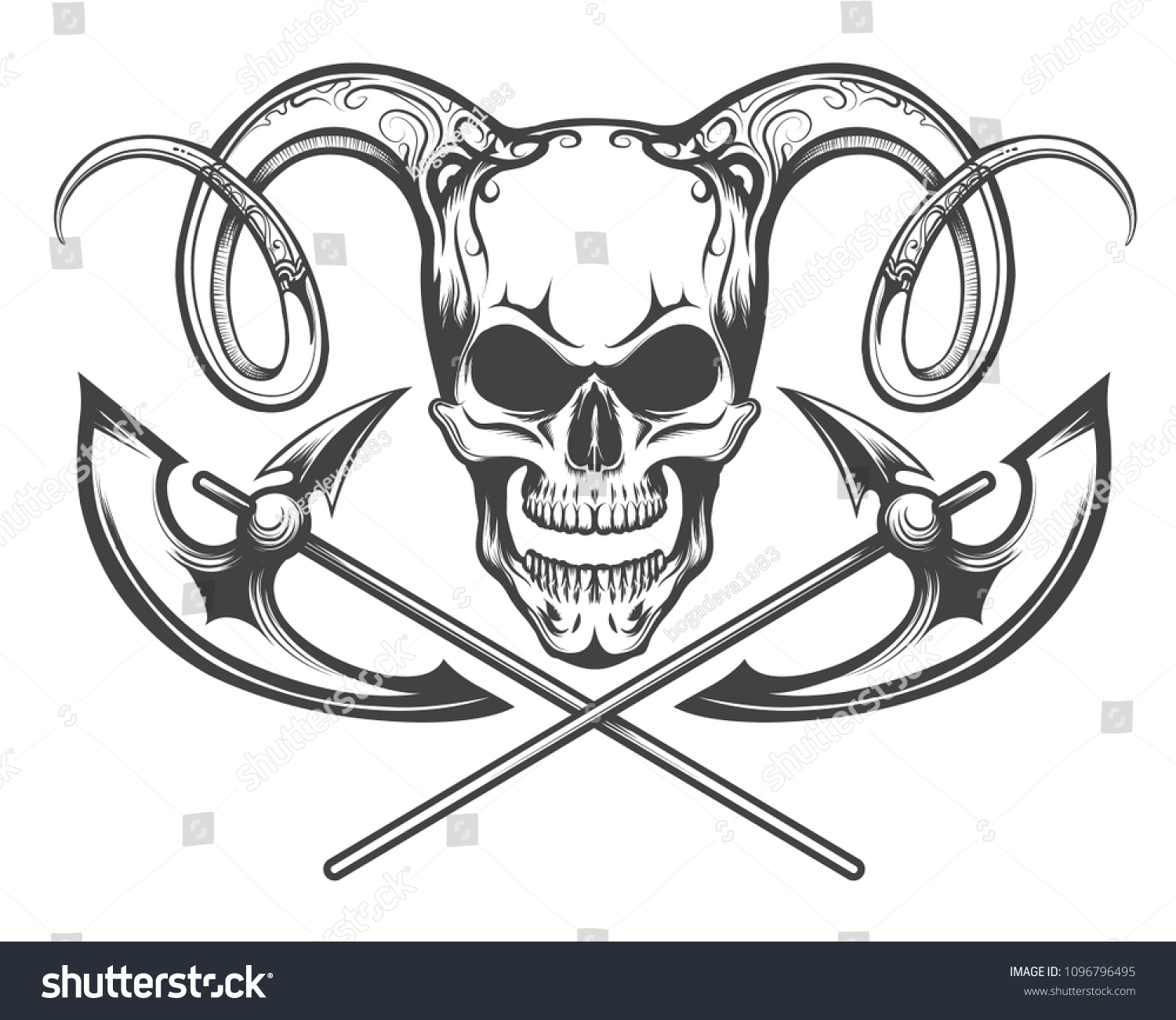 Human Skull Ram Horns Battle Axes Stock Vector (Royalty Free) 1096796495