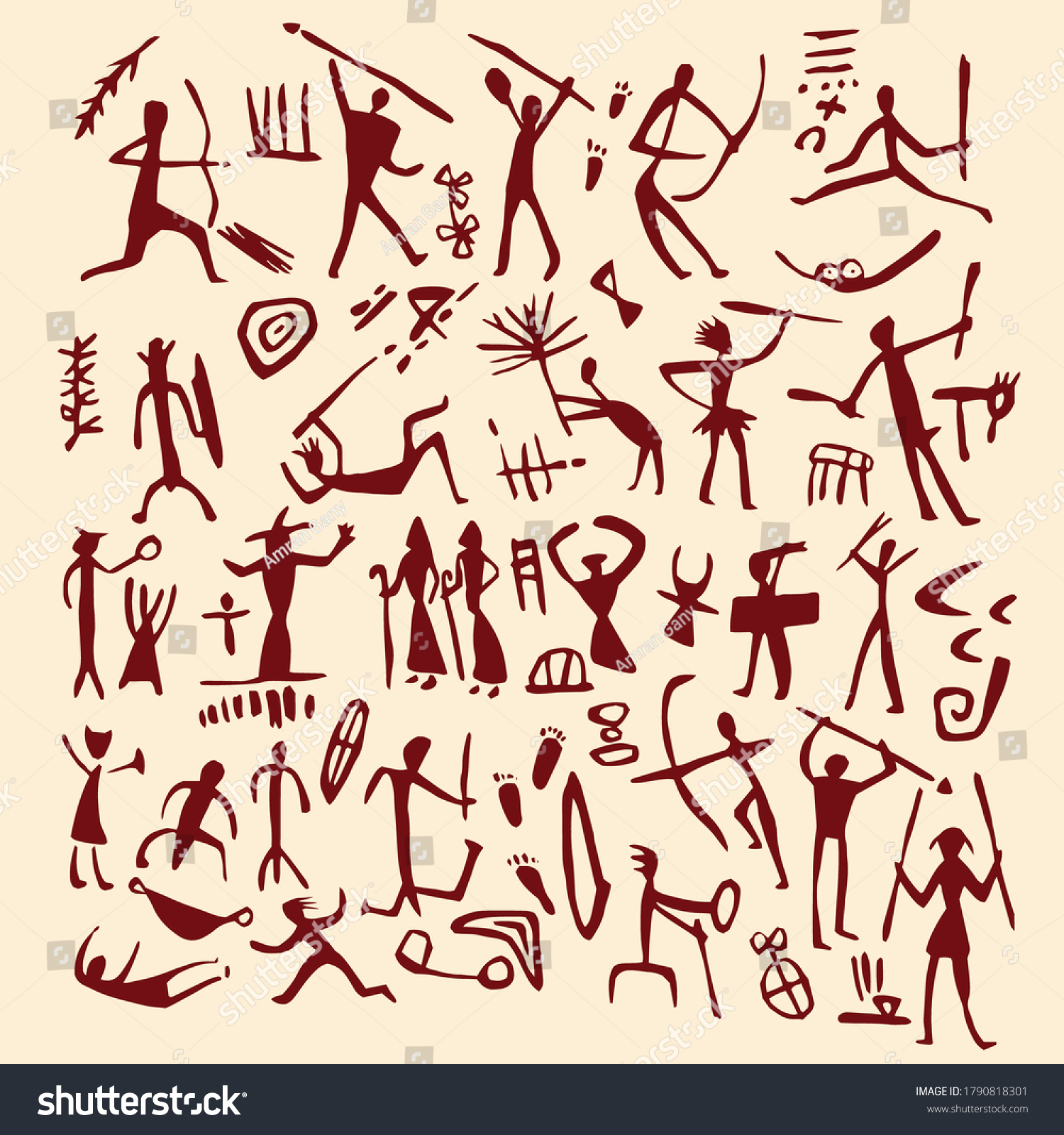 Vektor Stok Human Symbols Cave Painting Vector Set Tanpa Royalti Stock Vector Human Symbols Cave Painting Vector Set 1790818301