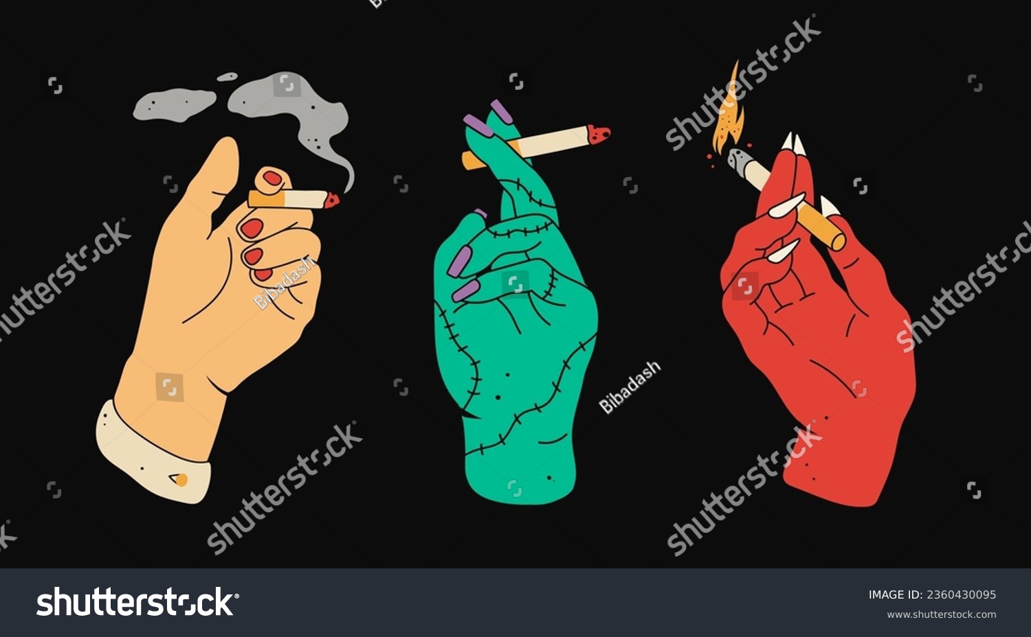 SVG of Human, zombie, demon or satan hand holding cigarettes. Hand drawn modern Vector illustration. Halloween, smoking concept. Poster, print, design templates, tattoo idea. Every hand is isolated svg