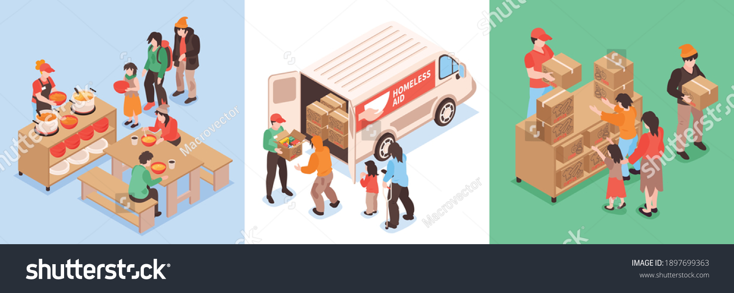 SVG of Humanitarian aid isometric design concept set of three square compositions with volunteers helping homeless people vector illustration svg