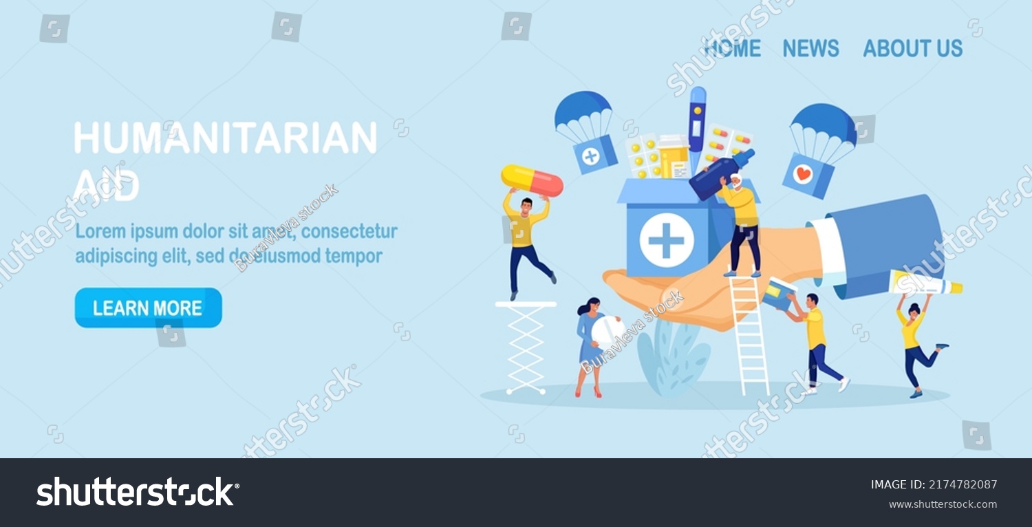 SVG of Humanitarian Aid. Voluntary Social Assistance and Support. Volunteers Collecting Food, Medicine for Refugees. People Donating Medications First Aid. Charity, Medicines Donation for Needy Poor People. svg