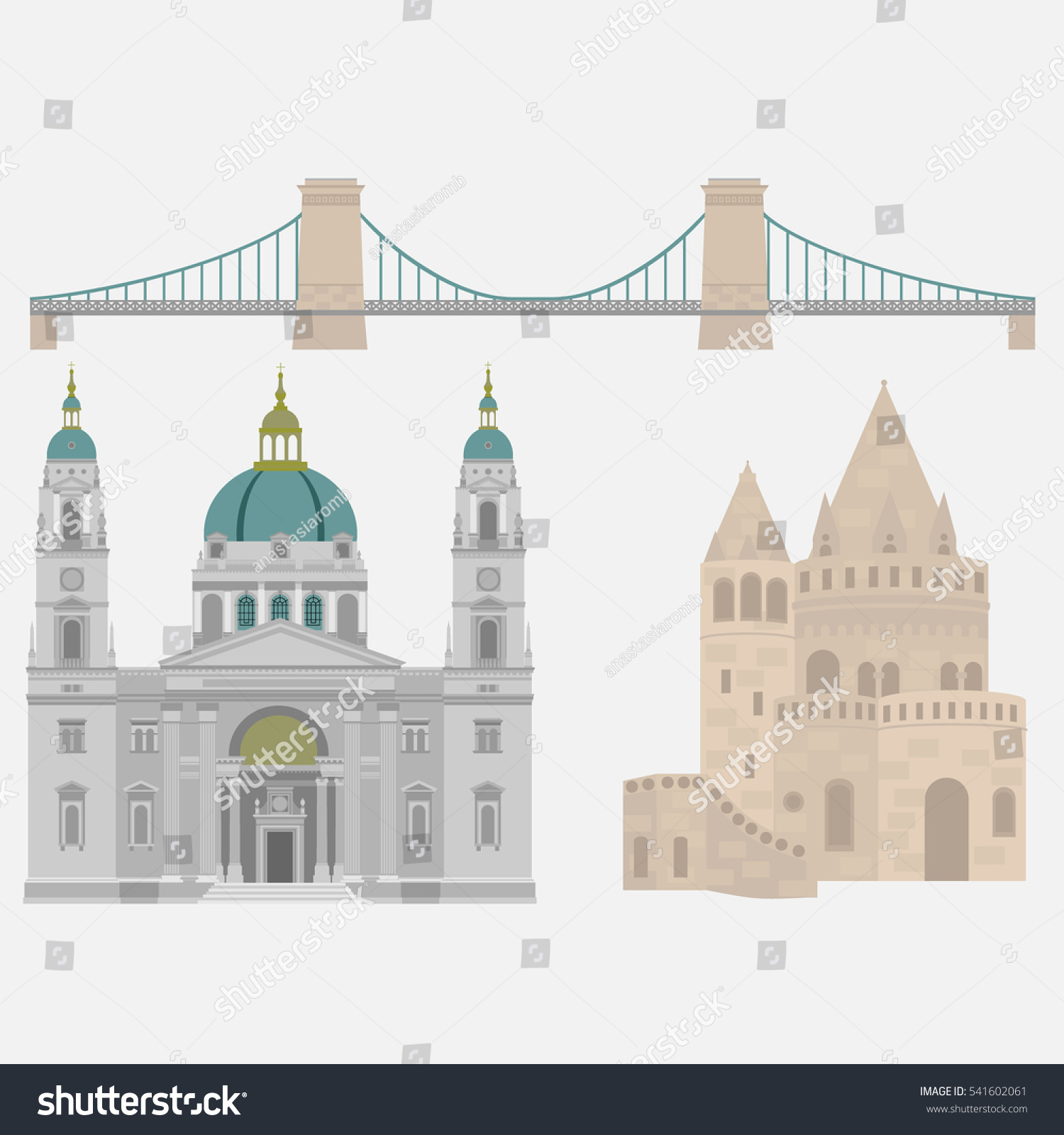 SVG of Hungarian City sights in Budapest. Hungary Landmark Global Travel And Journey Architecture Elements Chain Bridge, Fisherman's bastion, St. Istvan basilica svg
