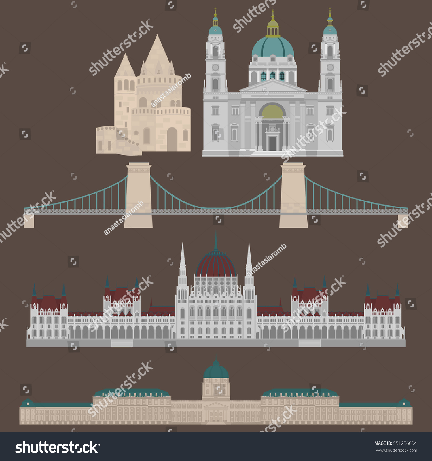SVG of Hungarian City sights in Budapest. Hungary Landmark Global Travel And Journey Architecture Elements Buda castle, Chain Bridge. Budapest parliament, Fisherman's bastion, St. Istvan basilica svg