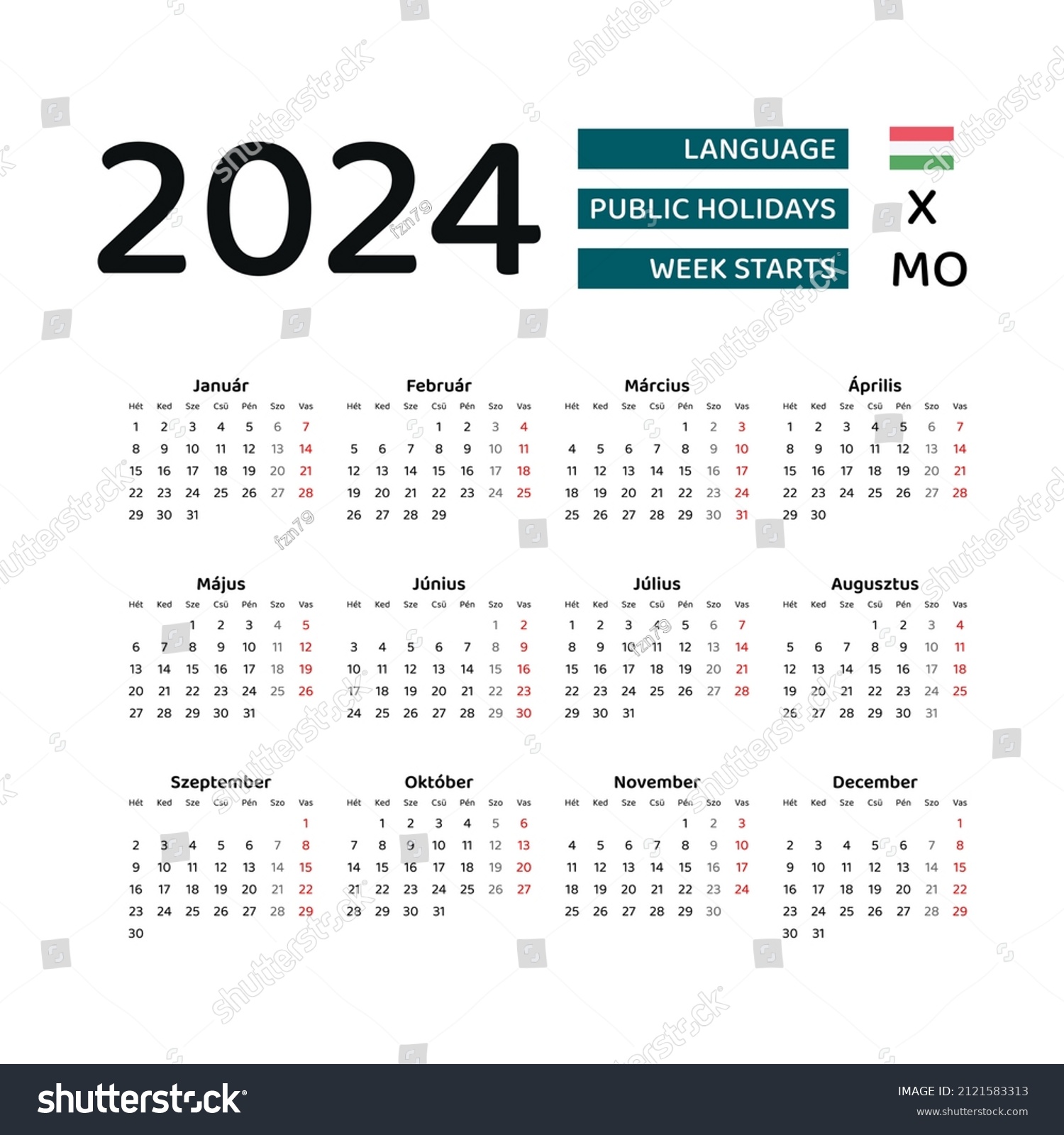 Hungary Calendar 2024 Week Starts Monday Stock Vector Royalty Free   Stock Vector Hungary Calendar Week Starts From Monday Vector Graphic Design Hungarian Language 2121583313 