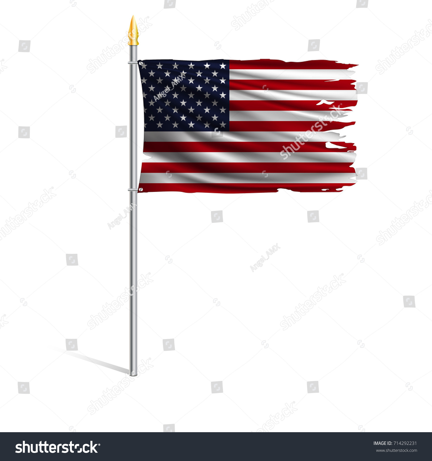 SVG of Hurricane torn national flag of the United States. The main symbol of the USA. Wind torn flag on metallic flagpole isolated on white background. Realistic vector illustration. svg
