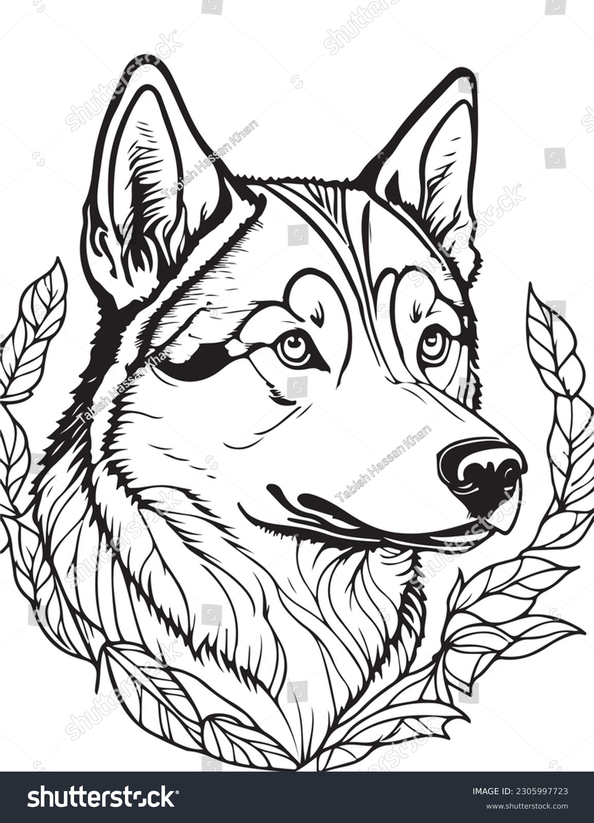 SVG of Husky wolf coloring page for adults, photo realistic, clean line art , mandala, high detailed, mandala, white, black, coloring book, sketchbook, realistic sketch, free lines, on paper illustration. svg