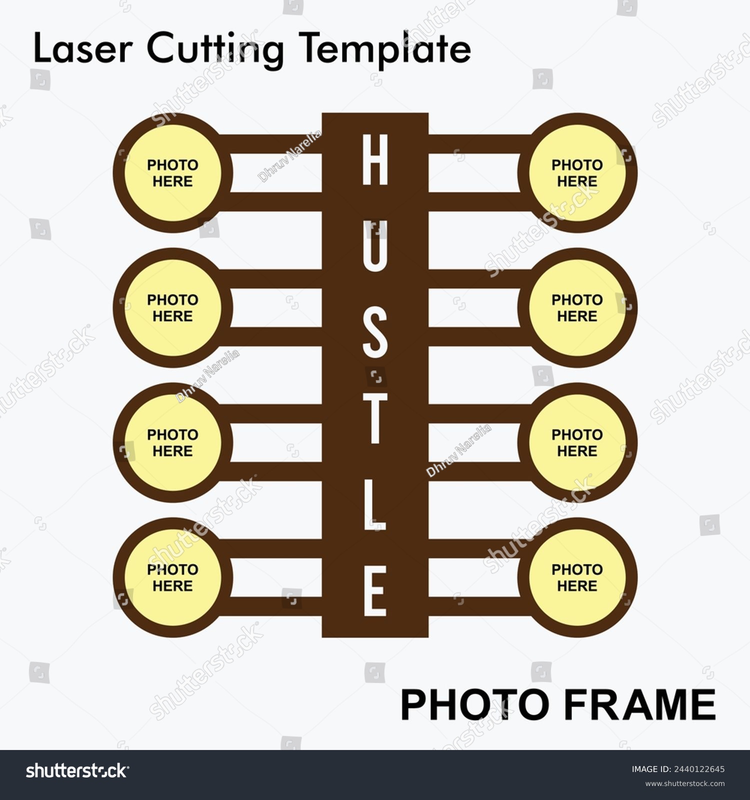 SVG of Hustle laser cut photo frame with 8 photo. Home decor wooden sublimation frame template. Suitable for home and room decor. Laser cut photo frame template design for mdf and acrylic cutting. svg