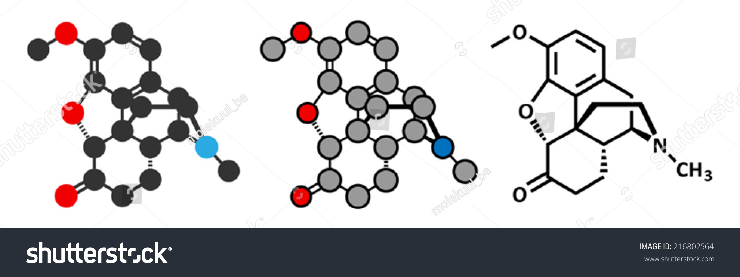 SVG of Hydrocodone narcotic analgesic drug molecule. Also used as cough medicine. Conventional skeletal formula and stylized representation, showing atoms (except hydrogen) as color coded circles. svg