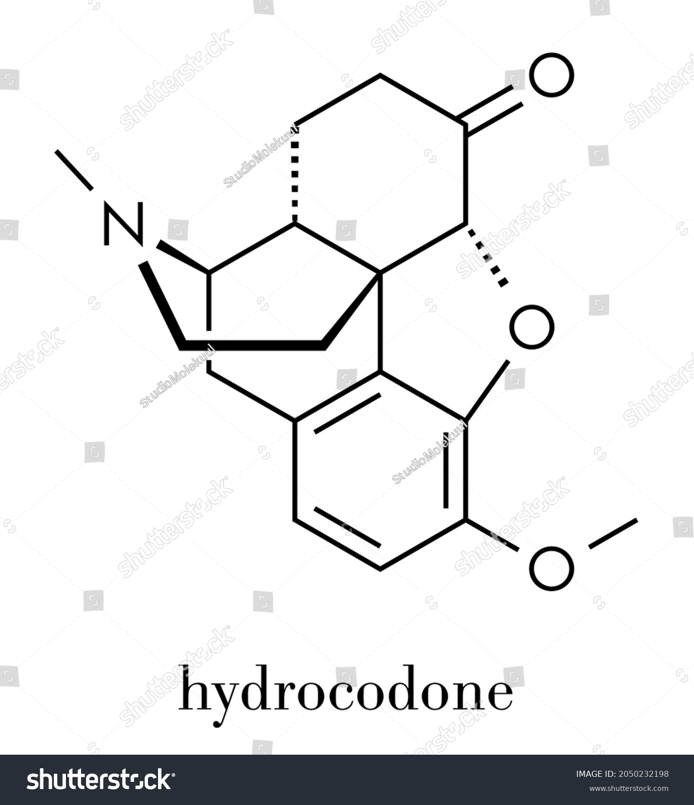 SVG of Hydrocodone narcotic analgesic drug molecule. Also used as cough medicine. Skeletal formula. svg
