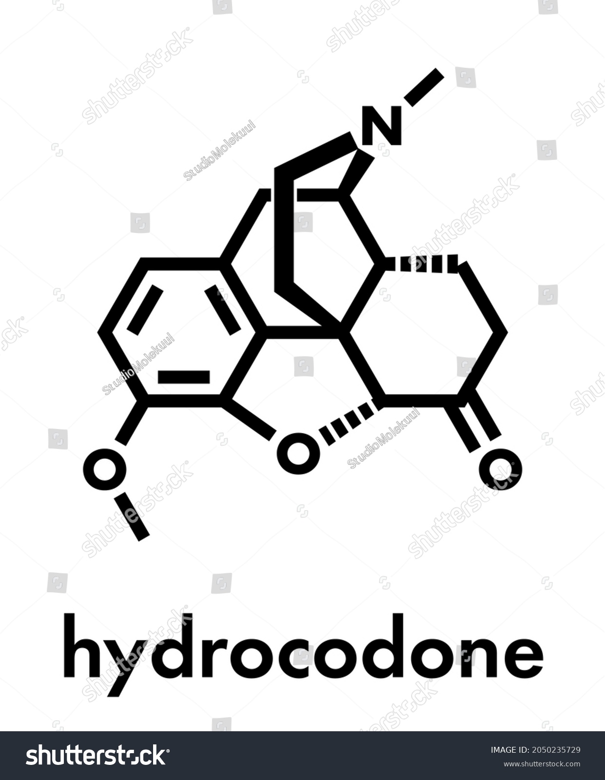 SVG of Hydrocodone narcotic analgesic drug molecule. Also used as cough medicine. Skeletal formula. svg