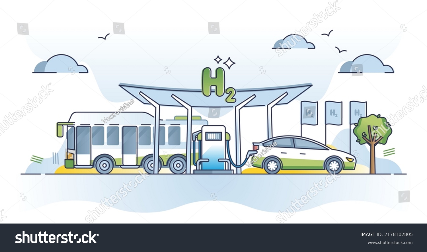 SVG of Hydrogen gas station with H2 alternative source filling nozzles outline concept. Environmental friendly and ecological car battery cell charging vector illustration. CO2 free, futuristic building. svg