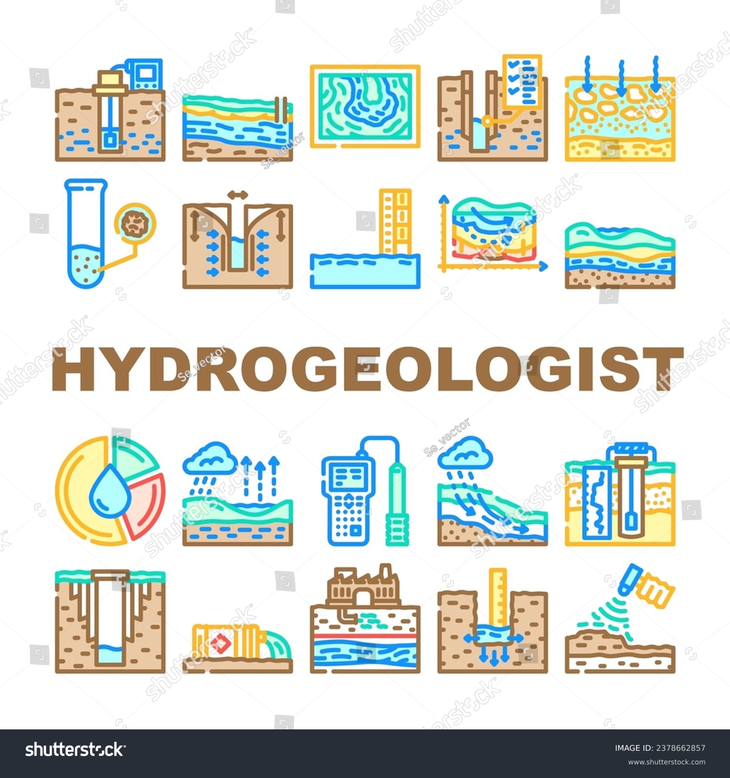 SVG of hydrogeologist industrial icons set vector. geology industry, pipe drill, man engineering mining, geologist oil, team, data hydrogeologist industrial color line illustrations svg
