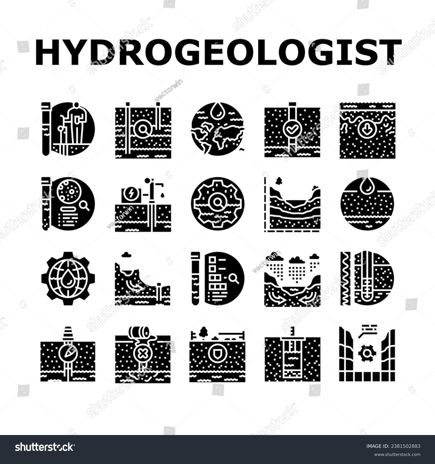 SVG of hydrogeologist industrial icons set vector. geology industry, pipe drill, man engineering mining, geologist oil, team, data hydrogeologist industrial glyph pictogram Illustrations svg